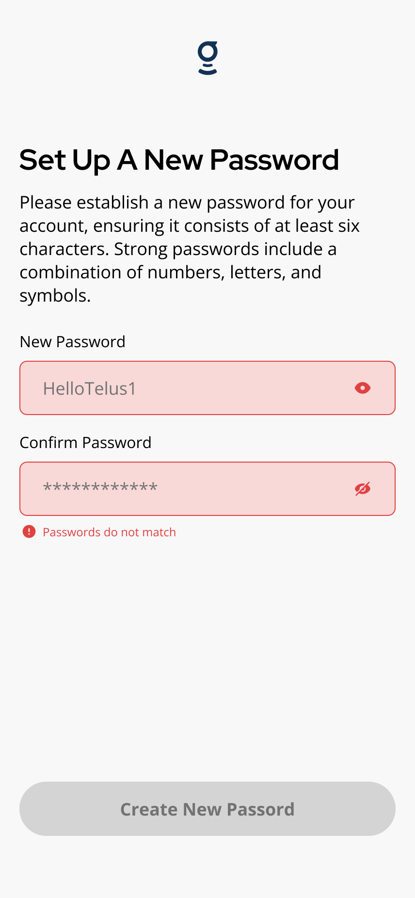 Passwords do not match message