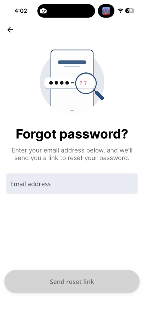 Forgot password screen with email field and Send reset link button