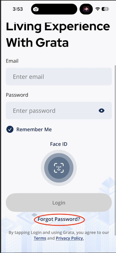Grata Smart Living login screen with Forgot Password? option