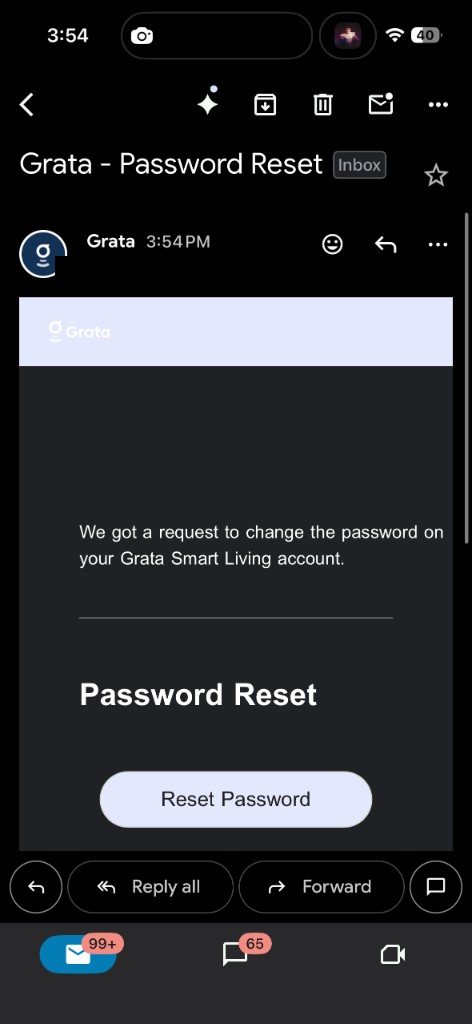 Grata password reset email with Reset Password button