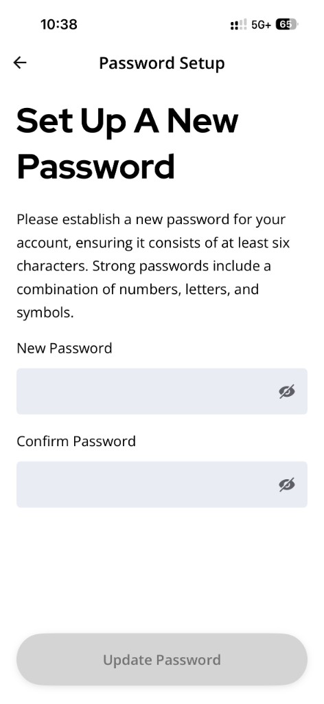 Set Up A New Password screen