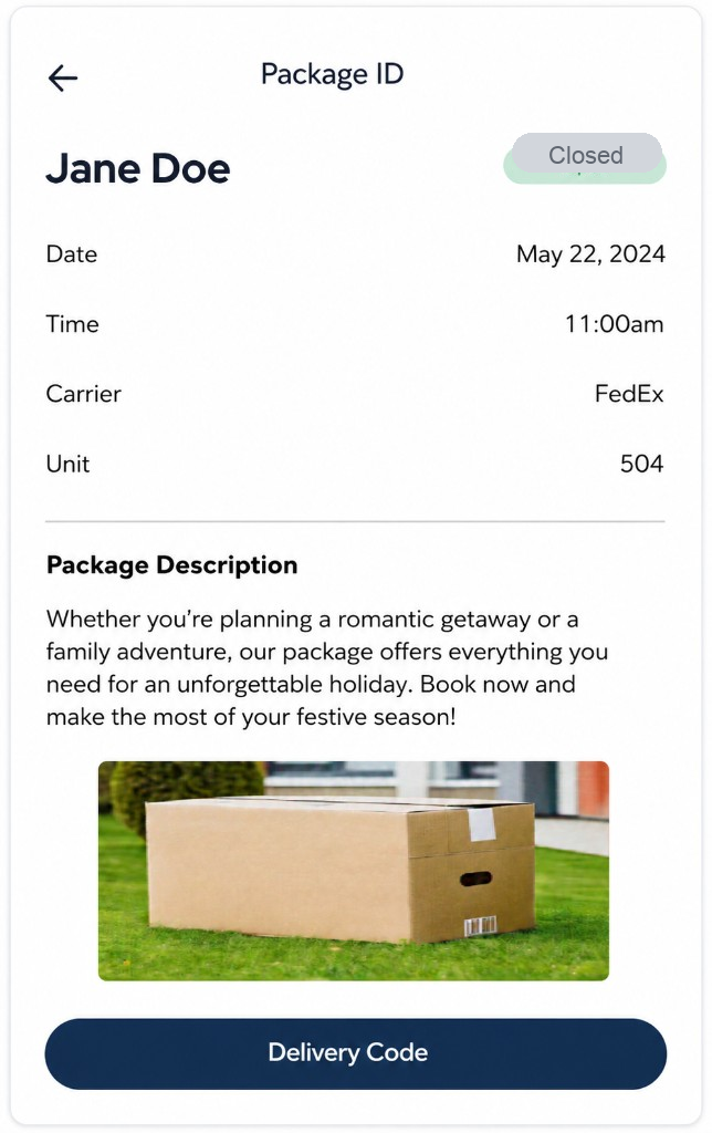 Example package details screen in the Grata app