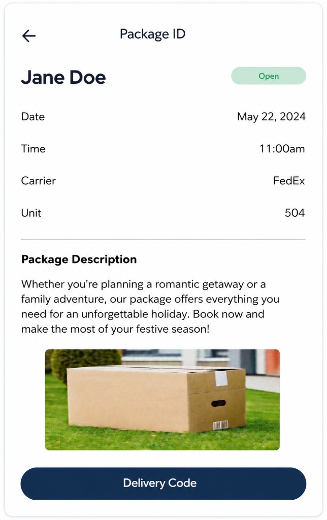 Example package details screen in the Grata app
