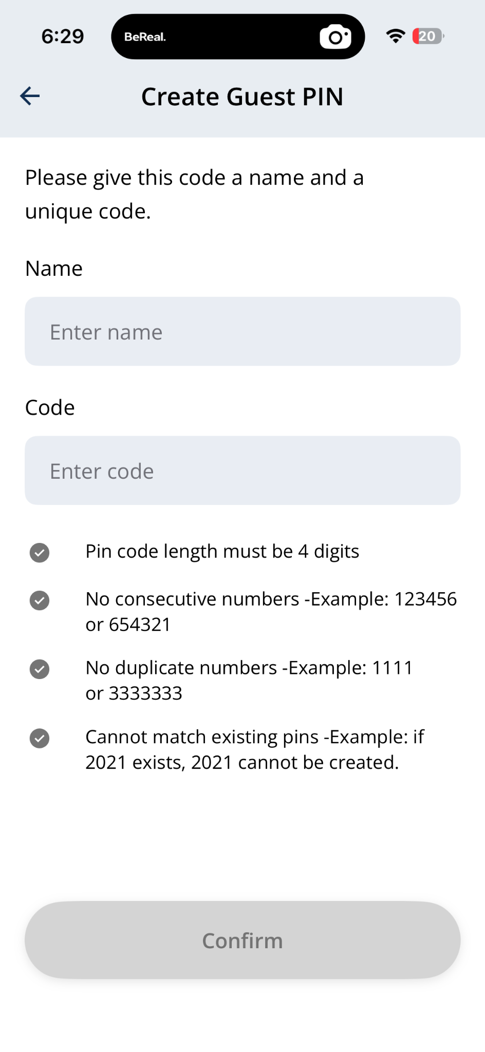Create Guest PIN form — empty
