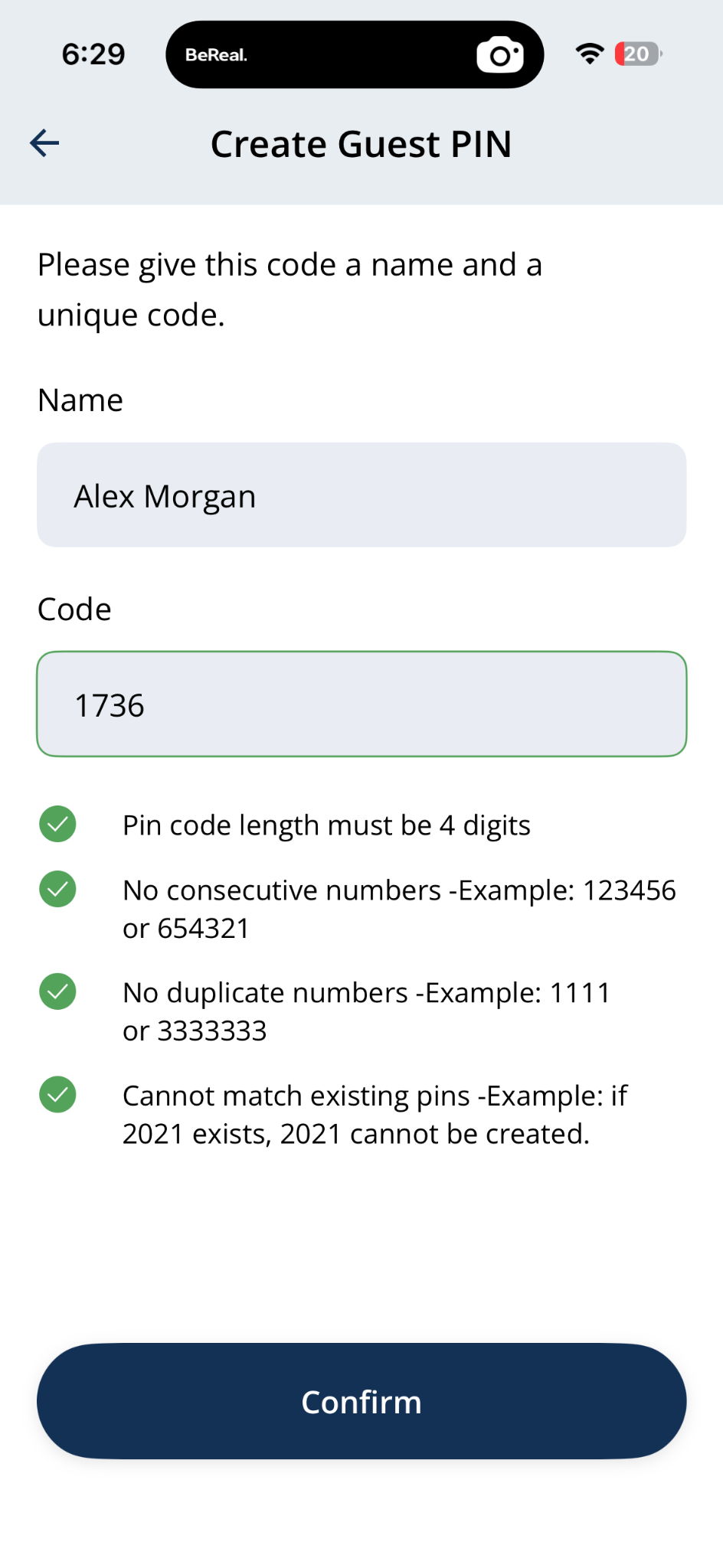 Create Guest PIN form — completed and ready to confirm