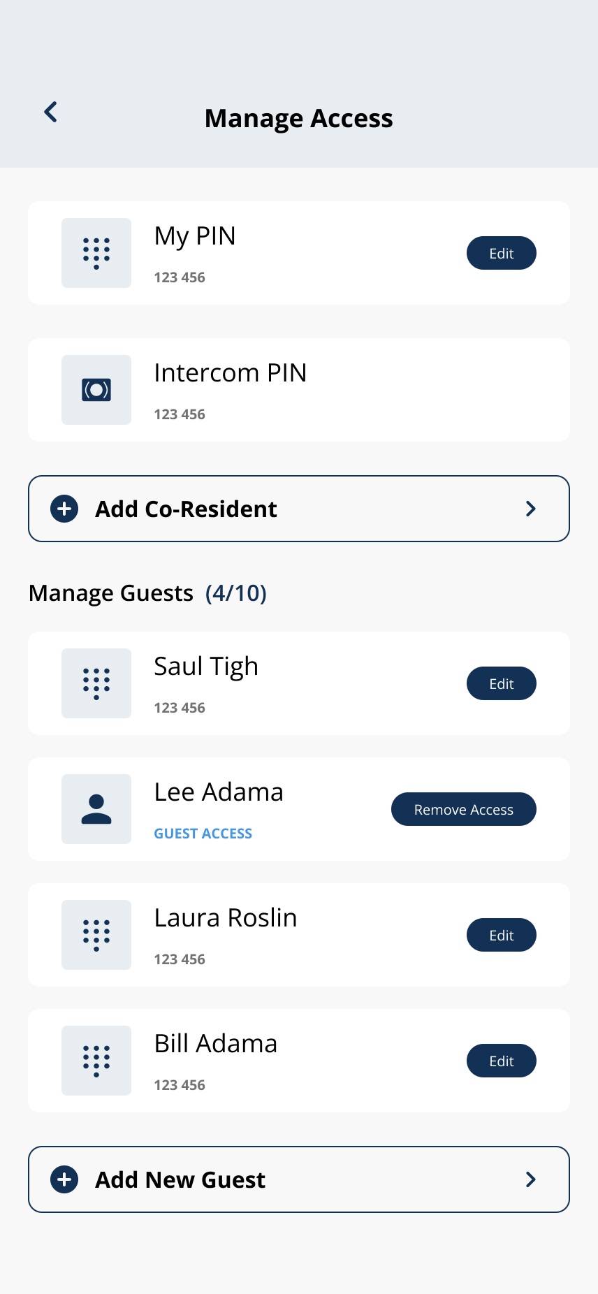 Manage Guests list showing active guests and slot count