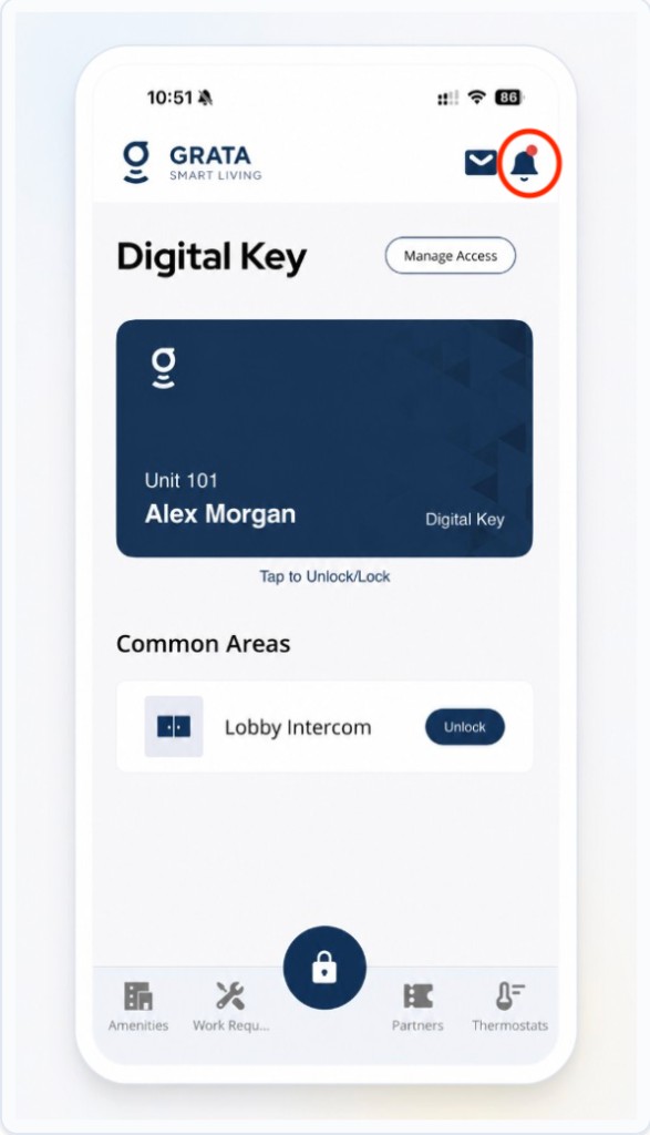 Grata app home screen with notification bell highlighted