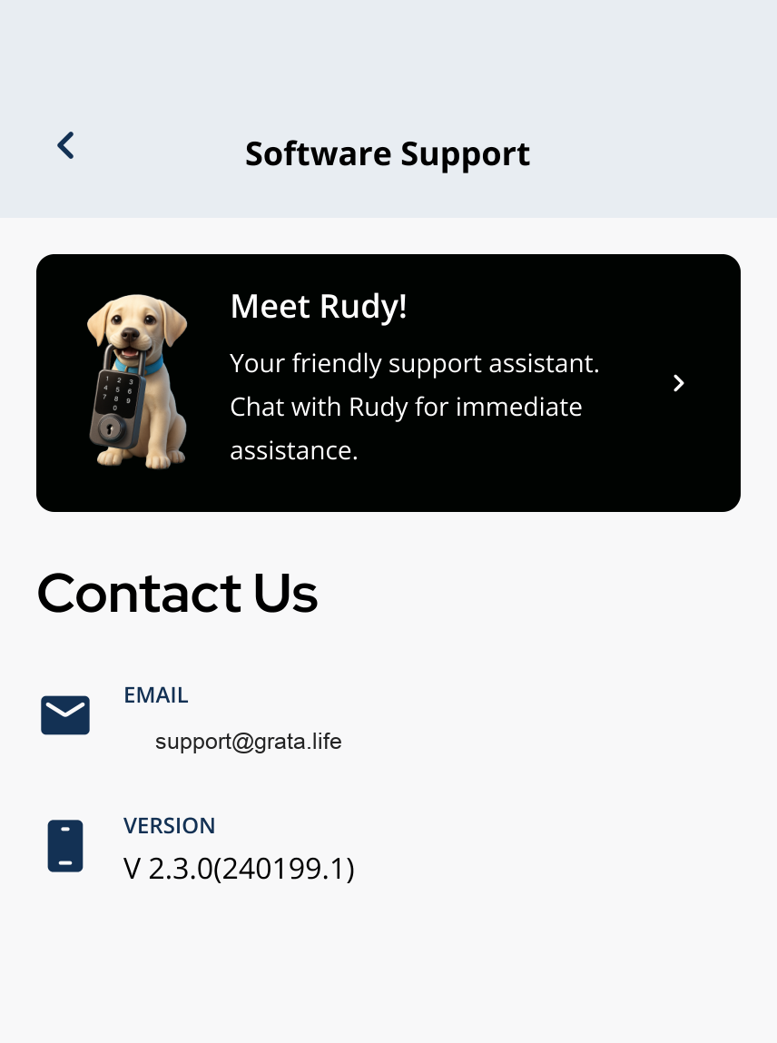 Software Support screen showing Meet Rudy, Email Support, and App Version