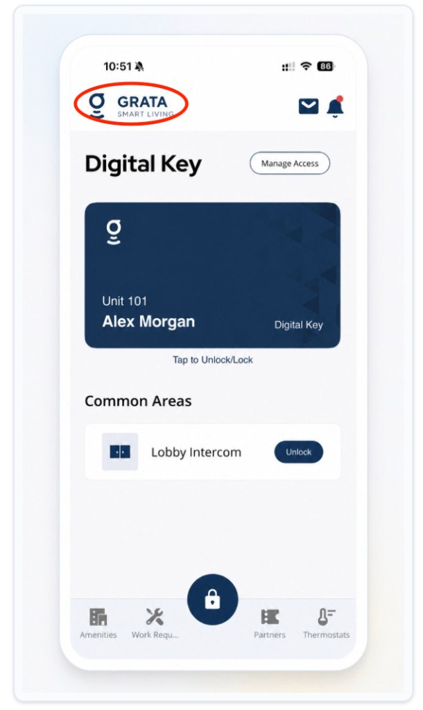 Grata Smart Living home screen with Grata logo in the top-left corner
