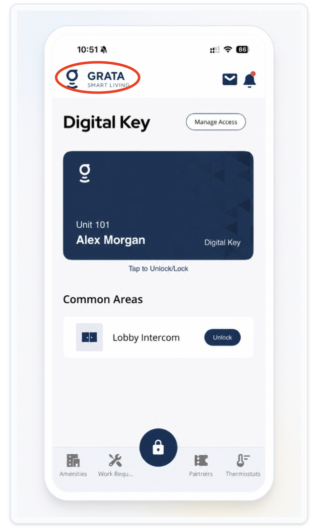 Grata app home screen