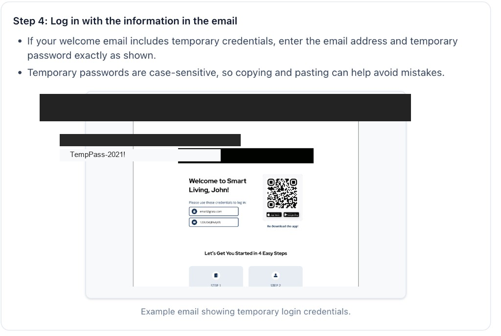 Welcome email with temporary login, app download, and setup steps