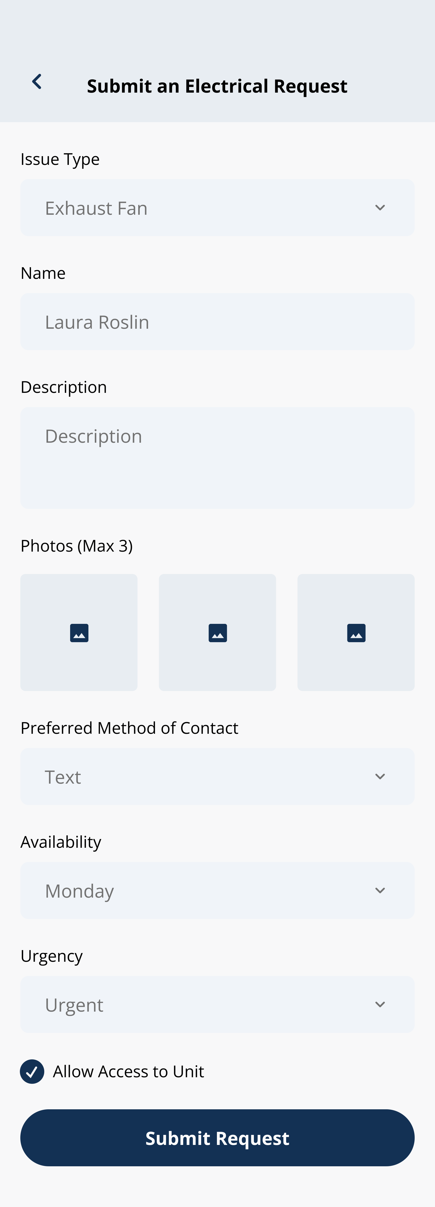 Filled request form