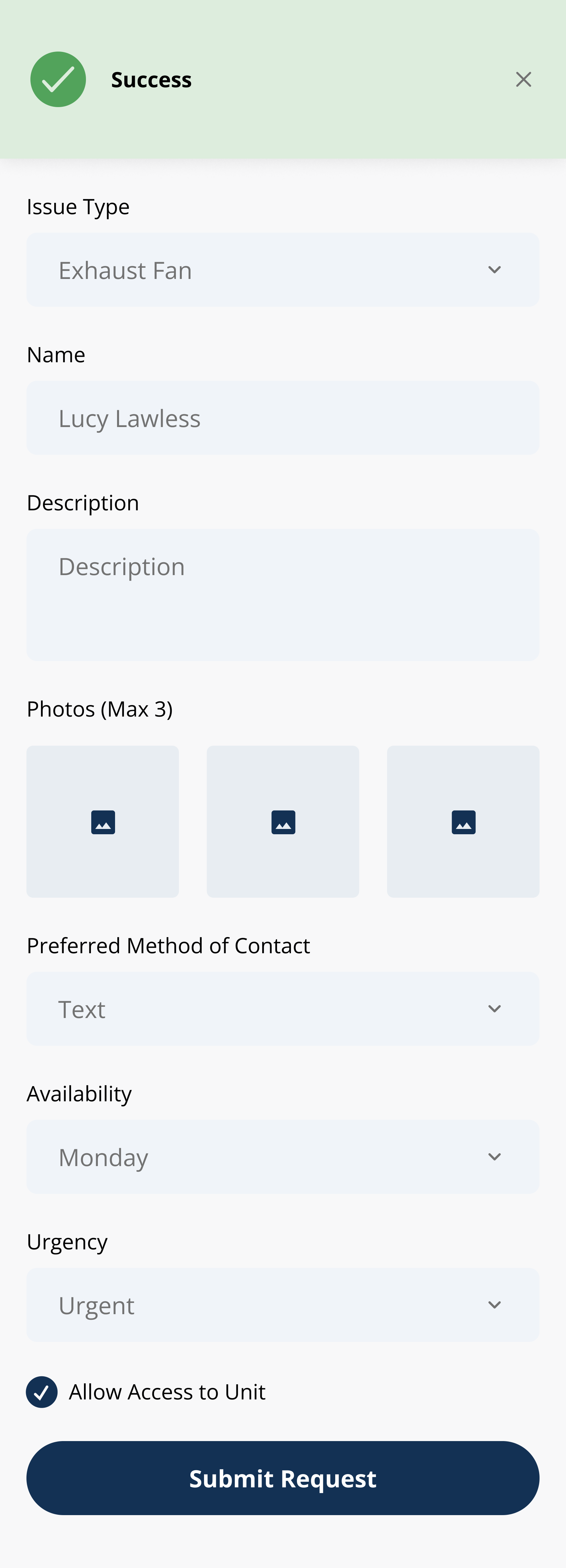 Request submitted successfully